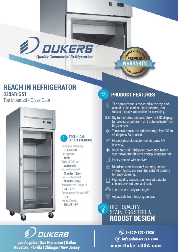 Produt Features: D28AR-GS1 Top Mount Single Glass Door Commercial Reach-in Refrigerator