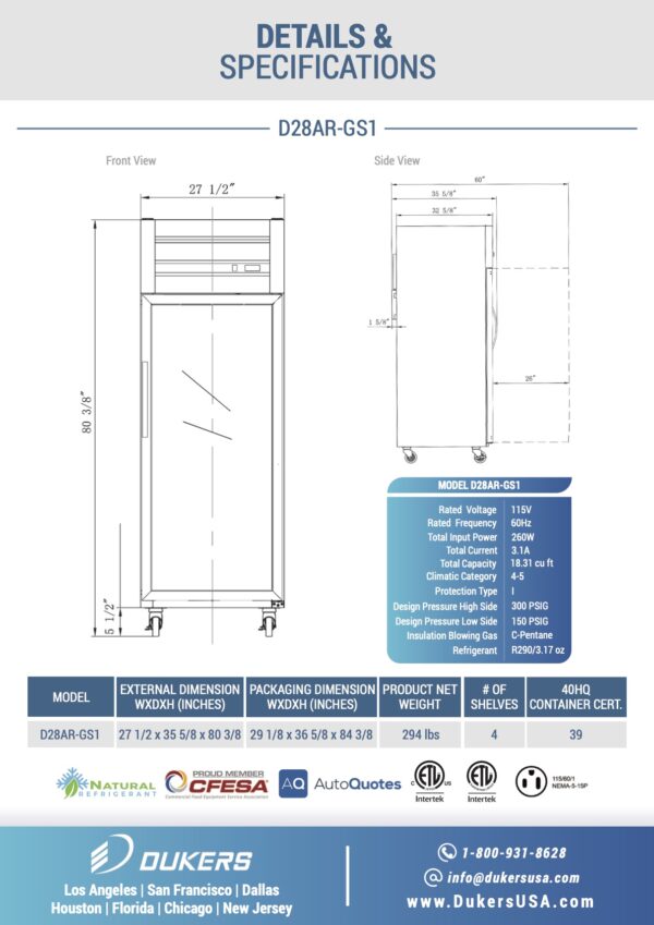 Details & Specifications: D28AR-GS1 Top Mount Single Glass Door Commercial Reach-in Refrigerator