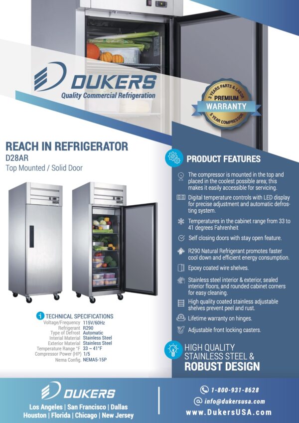 Product Features: D28AR Commercial Single Door Top Mount Refrigerator in Stainless Steel