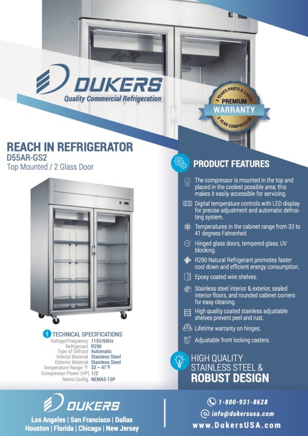 D55AR-GS2 Top Mount Glass 2-Door Commercial Reach-in Refrigerator Product Features