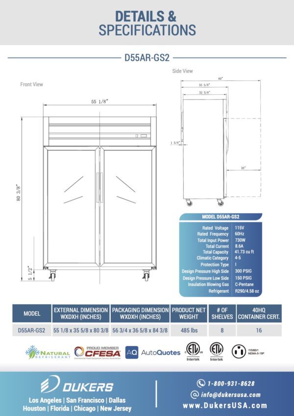 D55AR-GS2 Top Mount Glass 2-Door Commercial Reach-in Refrigerator Details & Specifications