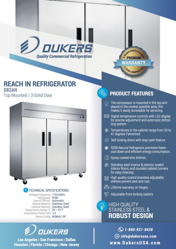 Product Features: D83AR Commercial 3-Door Top Mount Refrigerator in Stainless Steel