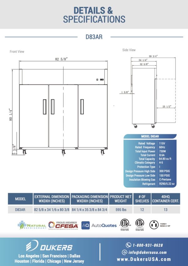 Details & Specifications: D83AR Commercial 3-Door Top Mount Refrigerator in Stainless Steel