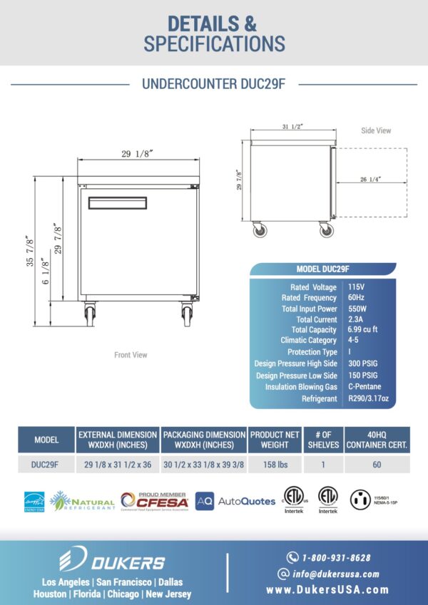 Specification: DUC29F Single Door Undercounter Freezer in Stainless Steel