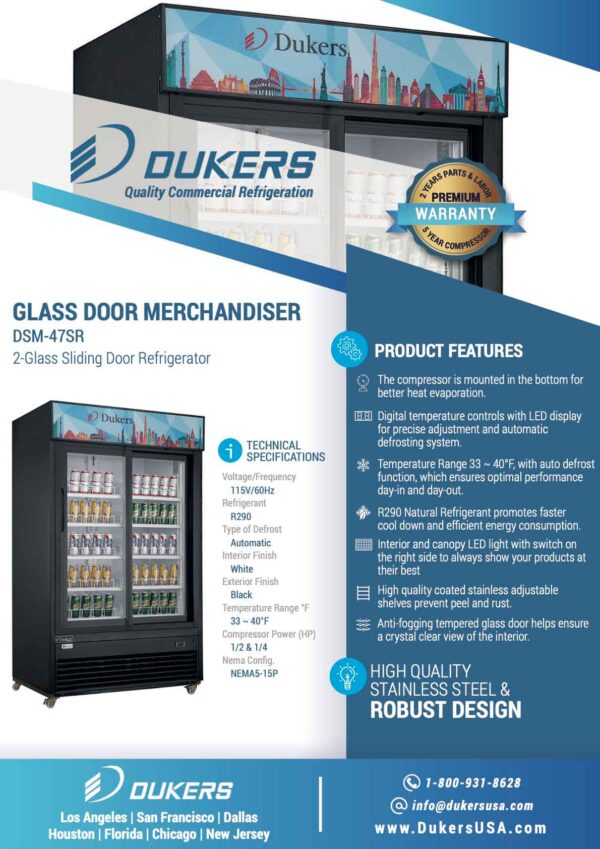 Specification: DSM-47SR Commercial Glass Sliding 2-Door Merchandiser Refrigerator in Black