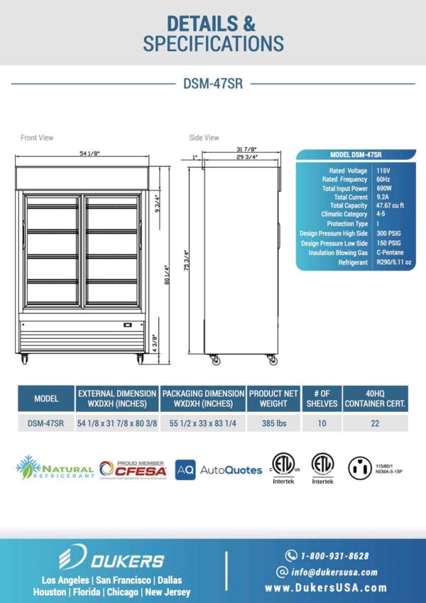 Specification: DSM-47SR Commercial Glass Sliding 2-Door Merchandiser Refrigerator in Black