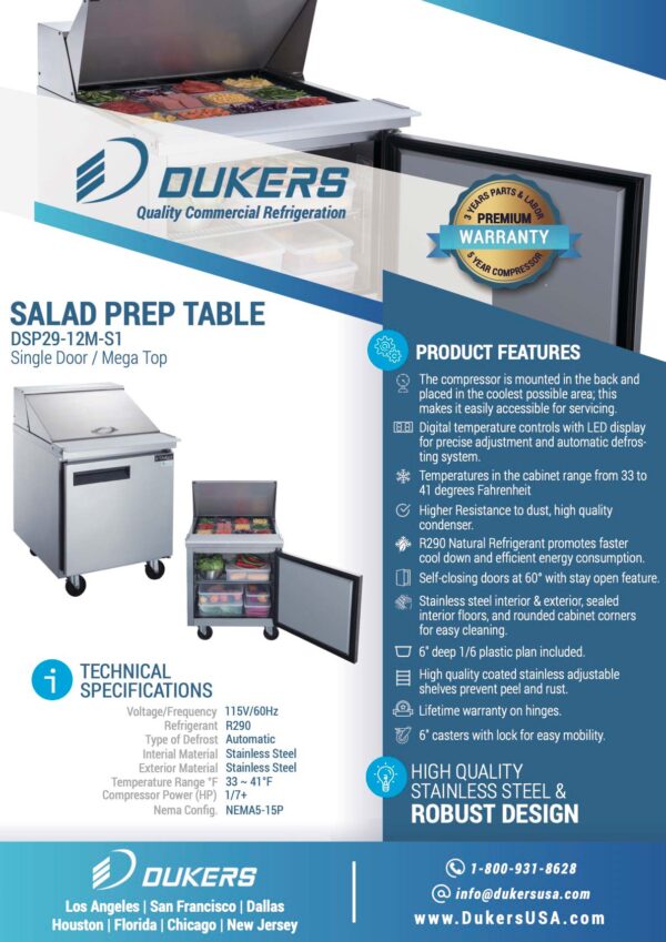Specification of 1-Door Commercial Food Prep Table Refrigerator in Stainless Steel with Mega Top