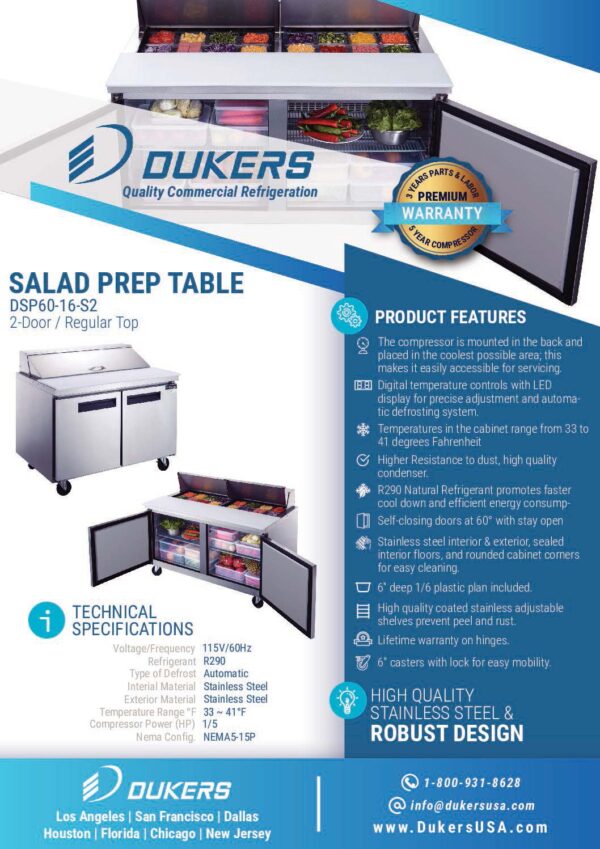 Specification of 2-Door Commercial Food Prep Table Refrigerator in Stainless Steel
