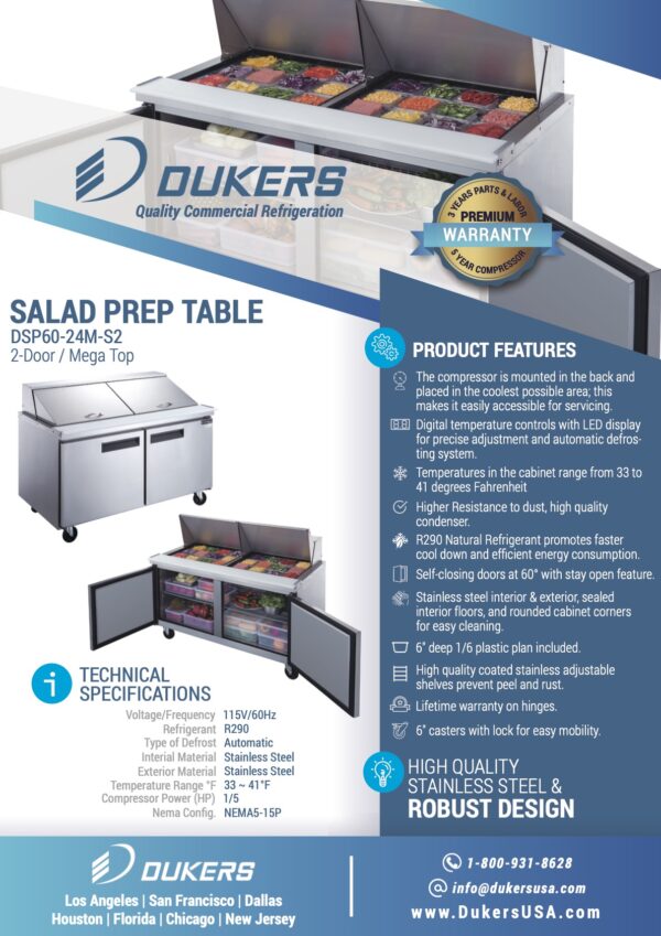 Specification of 2-Door Commercial Food Prep Table Refrigerator in Stainless Steel with Mega Top