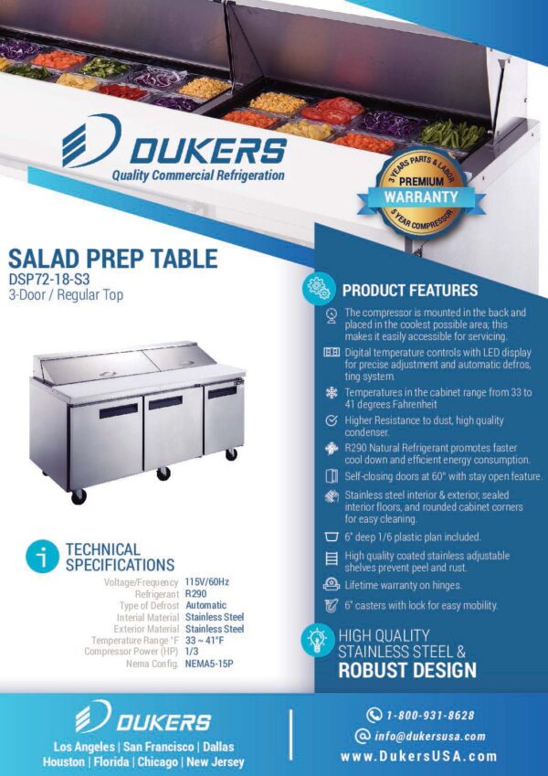 Specification: DSP72-18-S3 3-Door Commercial Food Prep Table Refrigerator