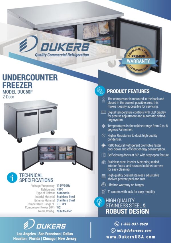 Sprcification: 🔍 DUC60F 2-Door Undercounter Commercial Freezer in Stainless Steel