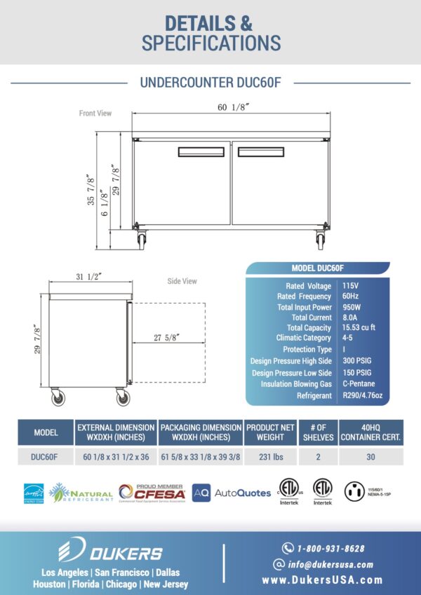 Specification: 🔍 DUC60F 2-Door Undercounter Commercial Freezer in Stainless Steel
