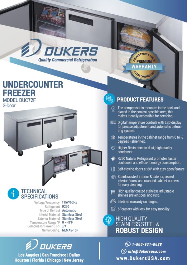 Specification: DUC72F 3-Door Undercounter Commercial Freezer in Stainless Steel